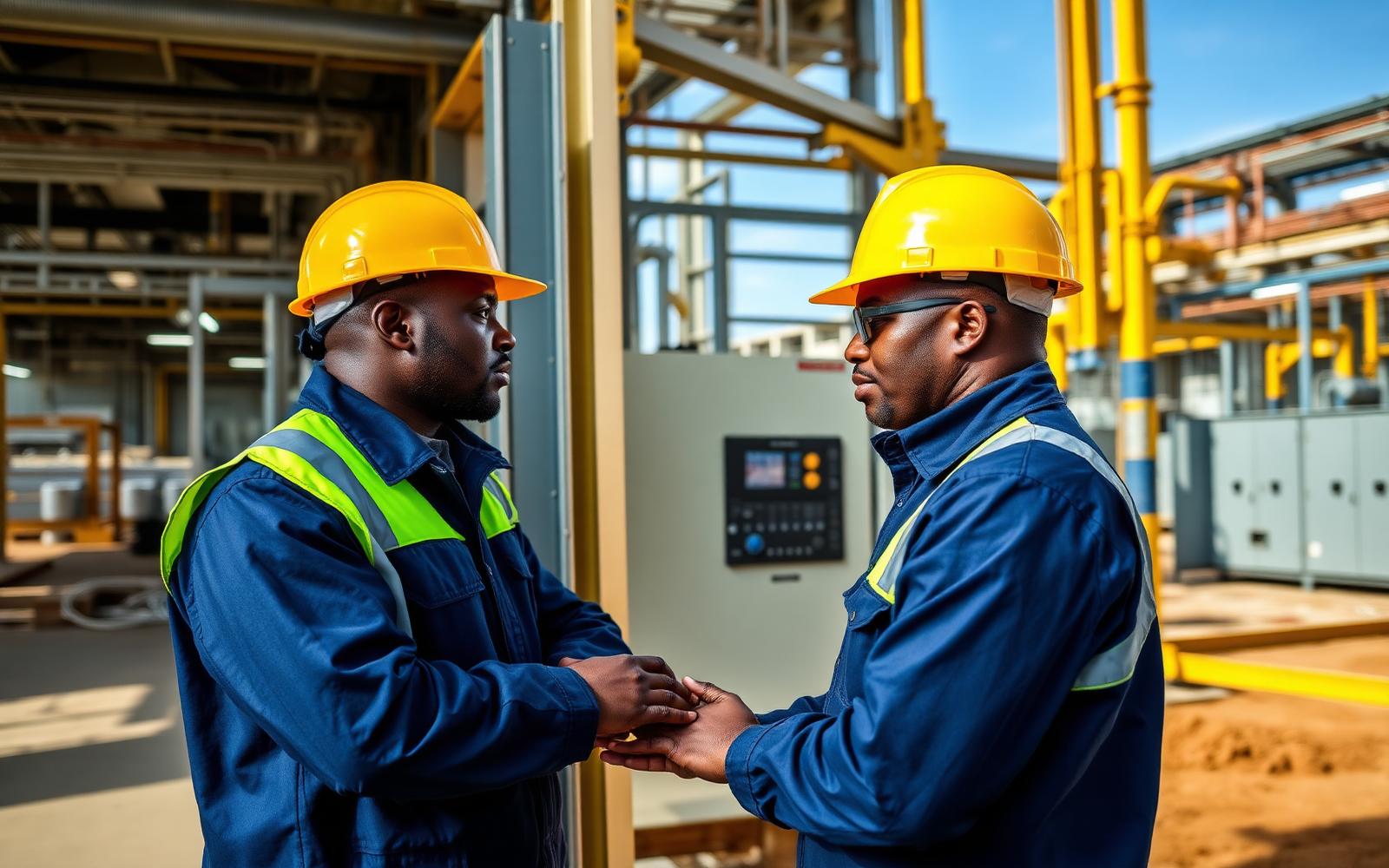 Electrical engineers inspecting industrial power infrastructure